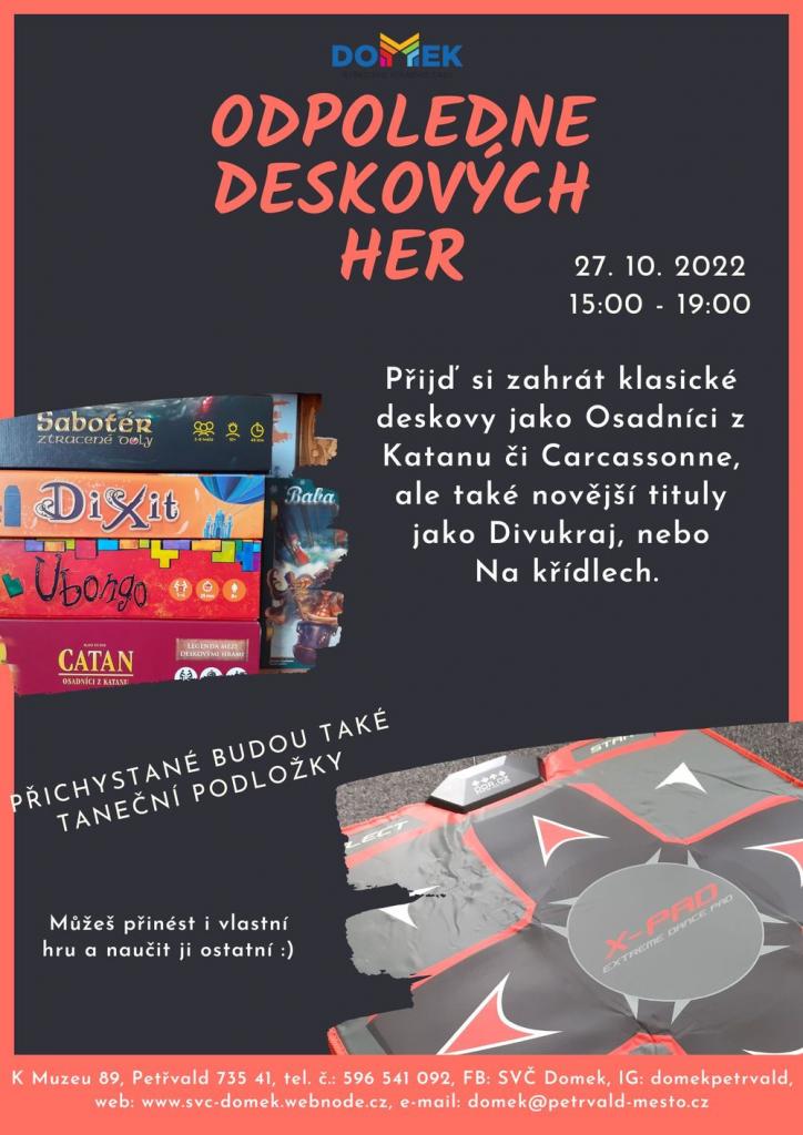 Odpoledne deskových her SVČ DOMEK, 27.10.2022, 15:00 - 19:00 hod., Přijď si zahrát klasické deskové hry
