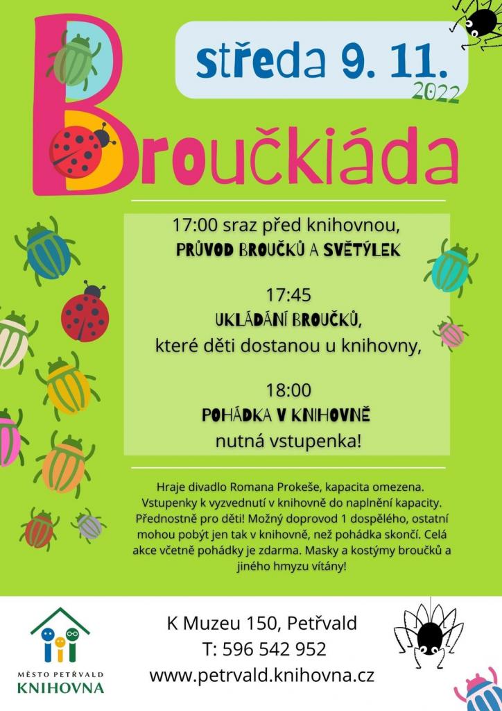 Broučkiáda KNIHOVNA, 9.11.2022 od 17:00 hod., Průvod broučků a světýlek, ukládání broučků, pohádka v knihovně