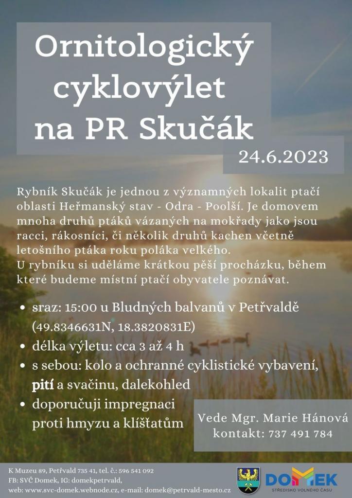 Ornitologický cyklovýlet na PR Skučák SVČ DOMEK, 24.6.2023, sraz 15:00 hod. u Bludných kamenů v Petřvaldě, Cyklistický výlet na významnou ptačí lokalitu s odborným výkladem