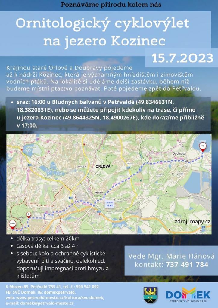 Ornitologický cyklovýlet na jezero Kozinec SVČ DOMEK, 15.7.2023, od 16:00 hod., Nádrž kozinec je významným hnízdištěm a zimovištěm vodních ptáků