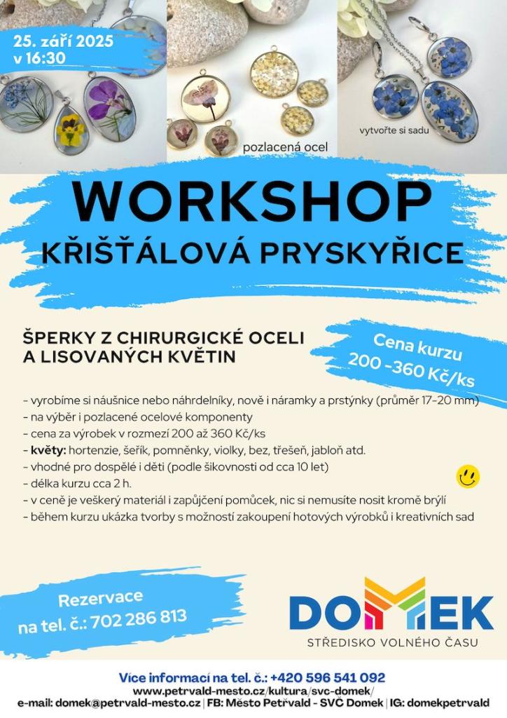 Křišťálová pryskyřice SVČ DOMEK, 25.9.2025, 16:30 hod., Výroba šperků, 200-360 Kč/ks