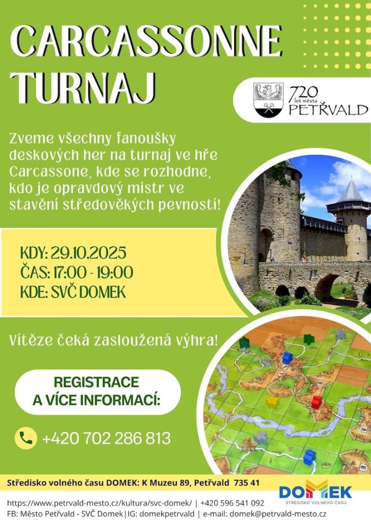 CARCASSONE TURNAJ SVČ DOMEK, 29.10.2025, 17:00 - 19:00 hod., Turnaj v deskové hře Carcassone