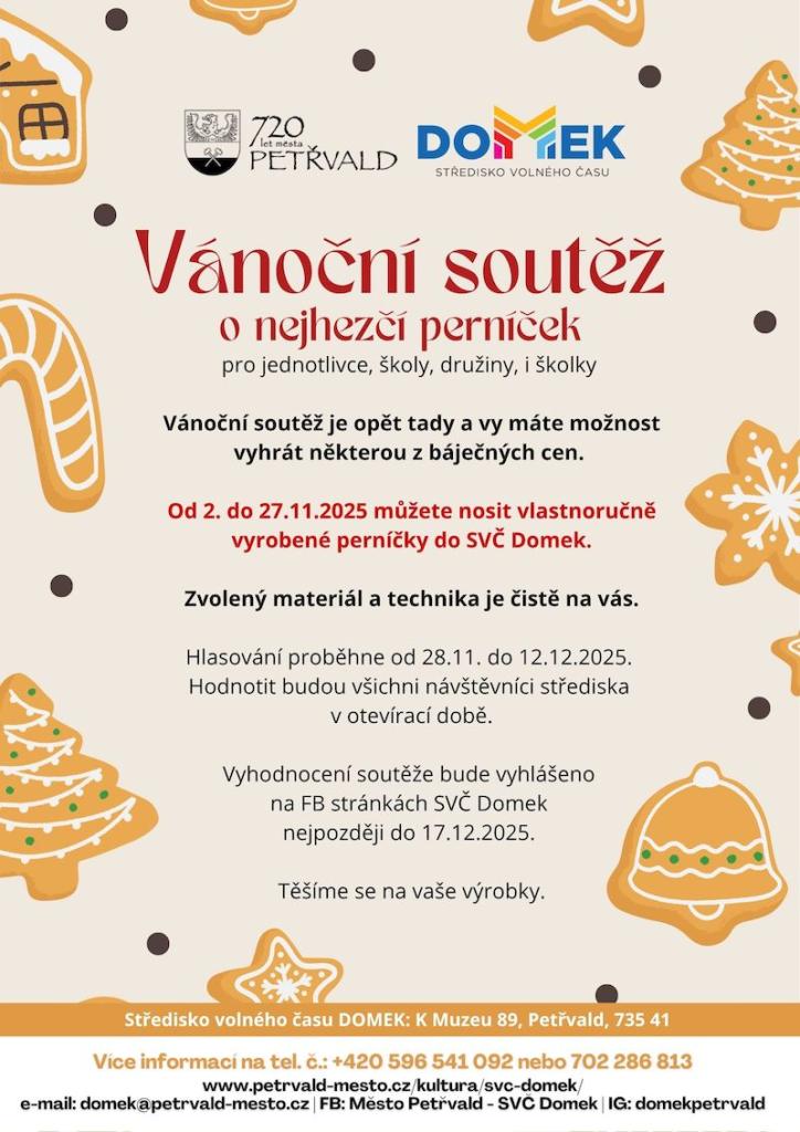 Vánoční soutěž o nejhezčí perníček SVČ DOMEK, Od 2.11. do 27.11.2025 můžete nosit vlastnoručně vyrobené perníčky do SVČ Domek, Hlasování bude probíhat od 28.11. do 12.12.2025