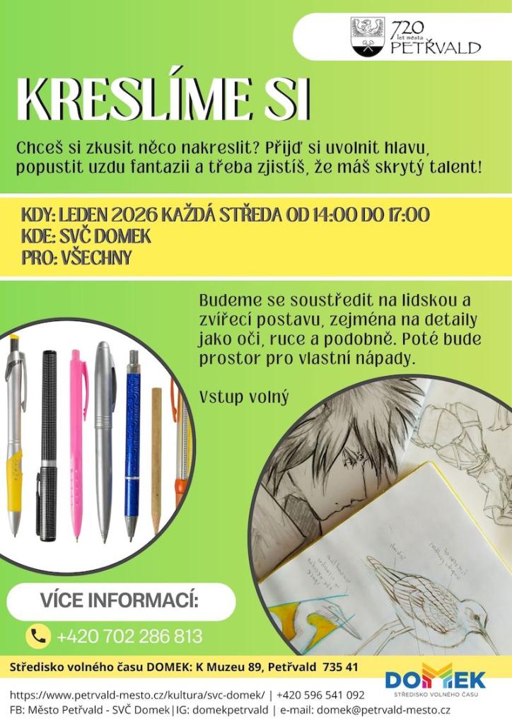 Kreslíme si SVČ DOMEK, Každá středa, 14:00 - 17:00 hod., Kurzy kreslení pro&nbsp;veřejnost 