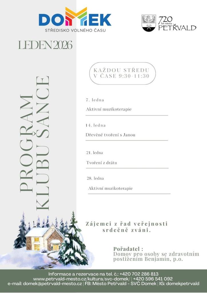 Klub Šance SVČ DOMEK, Akce pro širokou veřejnost, 7.1., 14.1., 21.1., 28.1.2026