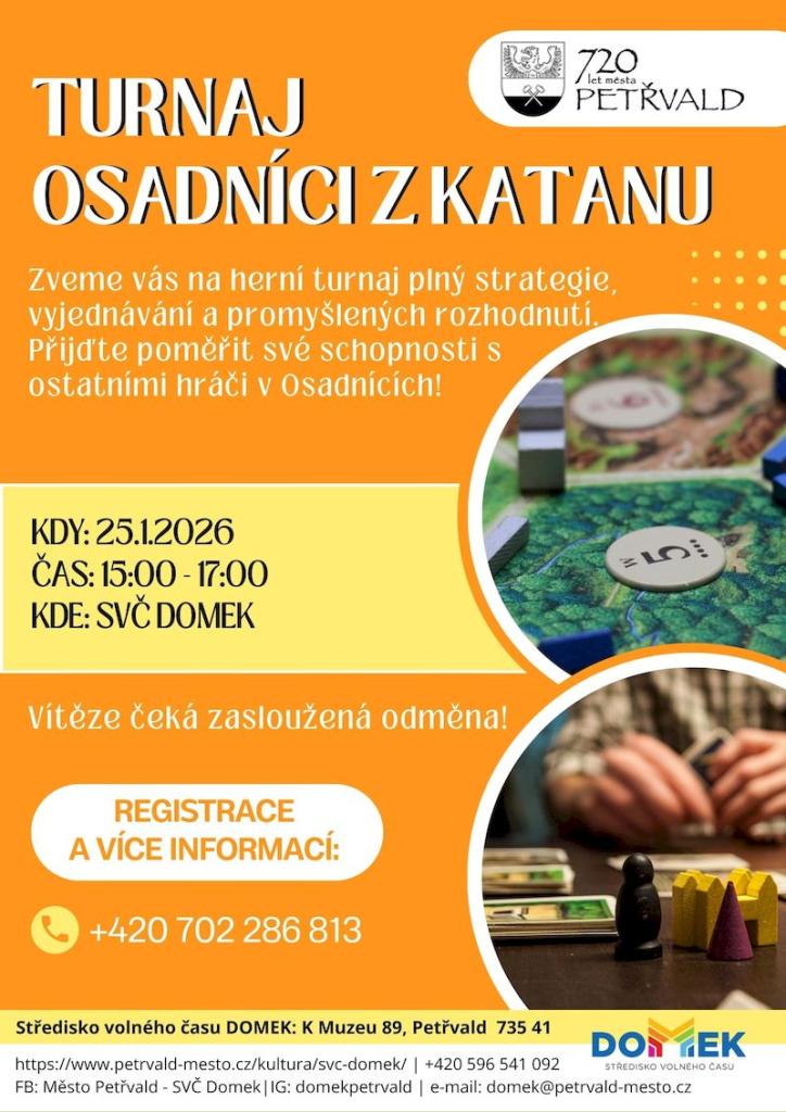 Turnaj Osadníci z&nbsp;Katanu SVČ DOMEK, 25.1.2026, 15:00 - 17:00 hod., Turnaj v&nbsp;deskové hře Osadníci z&nbsp;Katanu