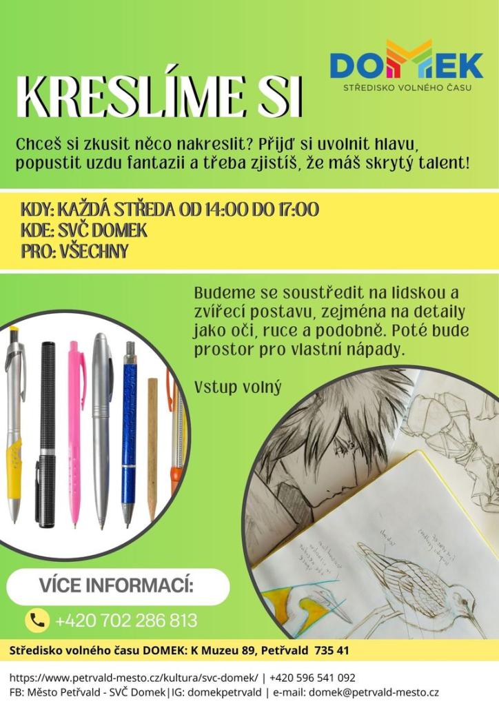 Kreslíme si SVČ DOMEK, Každá středa, 14:00 - 17:00 hod., Kurzy kreslení pro veřejnost 