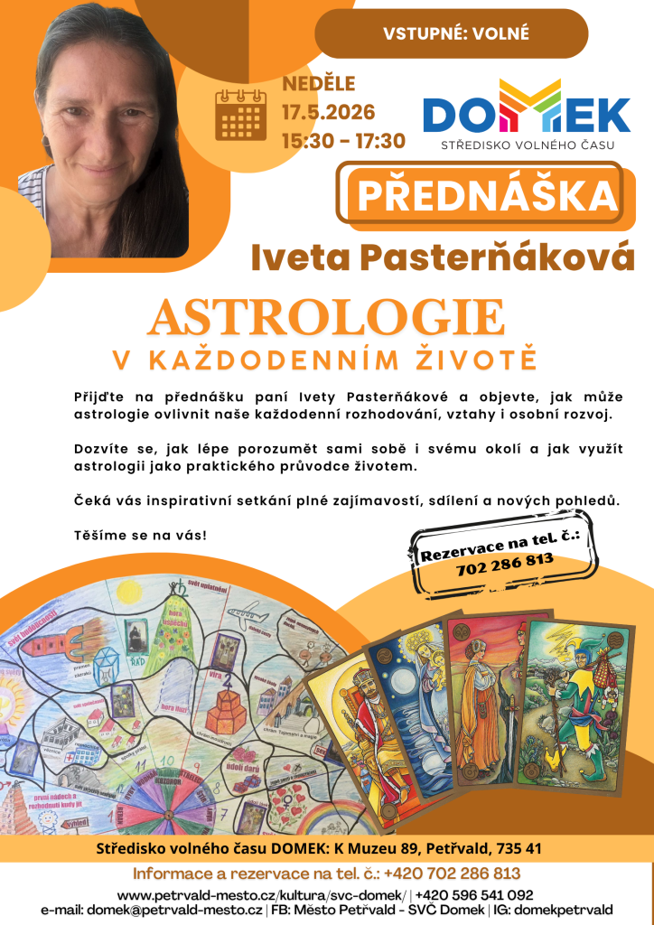 Astrologie v&nbsp;každodenním životě SVČ DOMEK, 17.5.2026, 15:30 - 17:30 hod., Přednáška plná zajímavostí, sdílení a&nbsp;nových postřehů