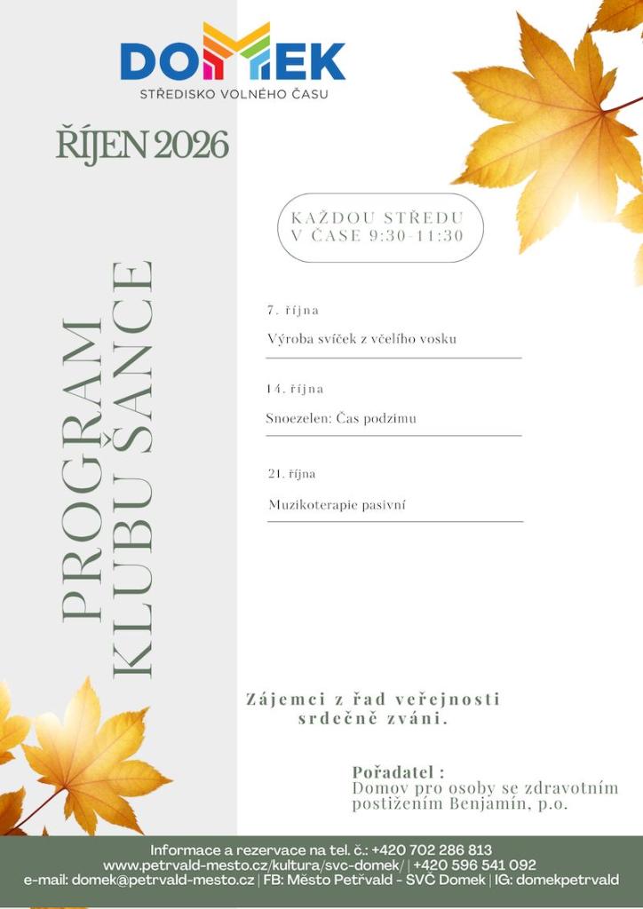 Klub Šance SVČ DOMEK, Akce pro širokou veřejnost, 7.10., 14.10., 21.10., 9:30 - 11:30 hod.