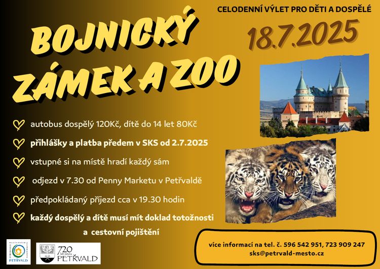 Výlet na Bojnický zámek a ZOO SKS, 18.7.2025, odjezd v 7:30 hod. od Penny Marketu v Petřvaldě, Celodenní výlet pro celou rodinu