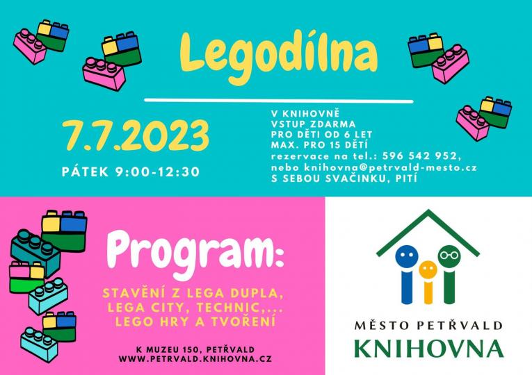 Legodílna s příběhem Knihovna, 7.7.2023, 9:00 - 12:30 hod., Stavění z lega dupla, lega city, technic, lego hry a tvoření