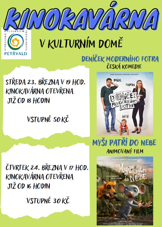 Kinokavárna v&nbsp;Kulturním domě Petřvald KD Petřvald, 24.3.2022, 17:00 hodin, animovaný film Myši patří do&nbsp;nebe