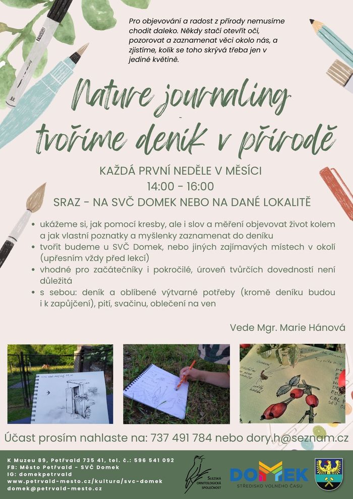 Tvoříme deník v přírodě SVČ DOMEK, Každá první neděle v měsíci, 14:00 - 16:00 hod., Objevování života kolem nás vlastními myšlenkami a poznatky